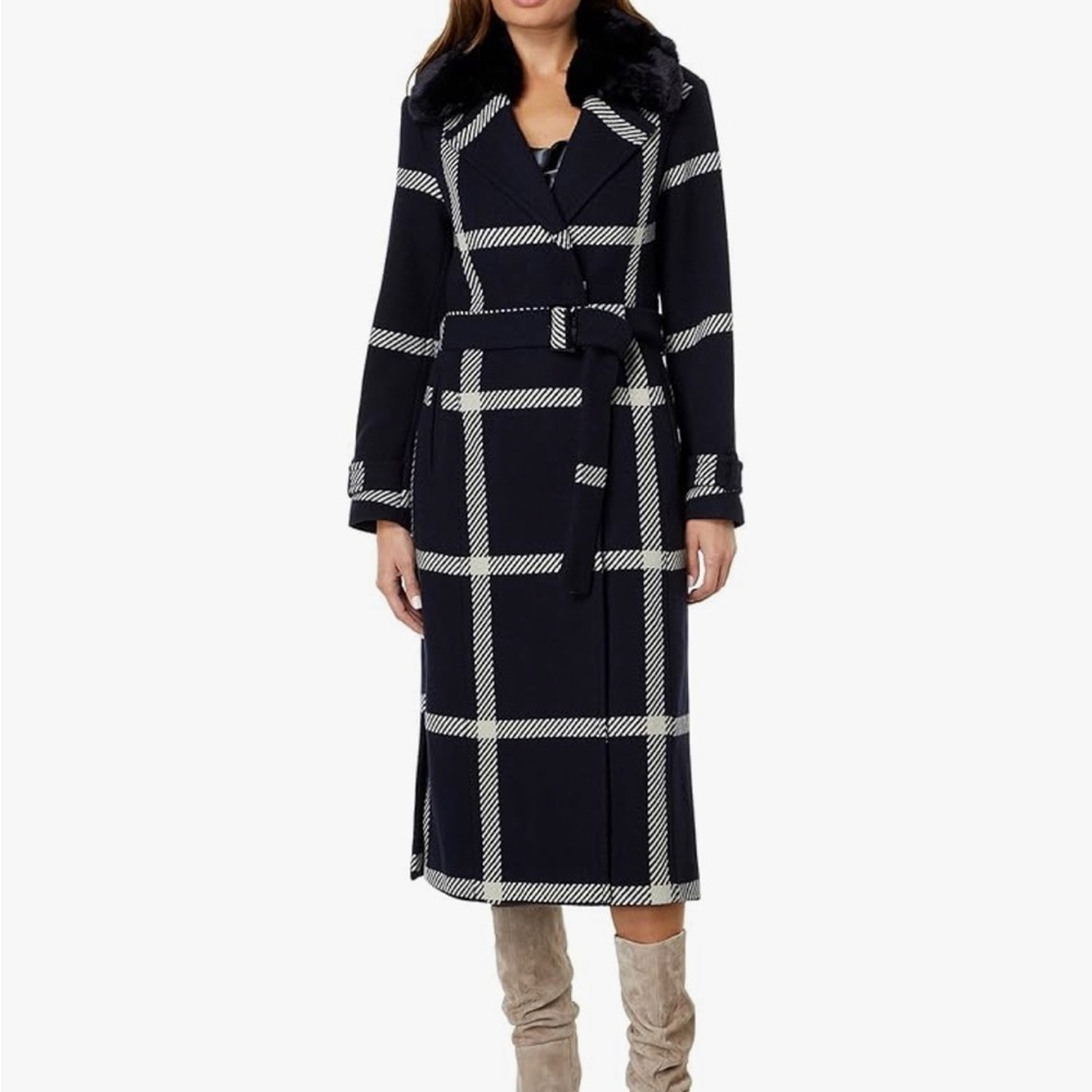 Vince Camuto Navy and White Plaid Coat